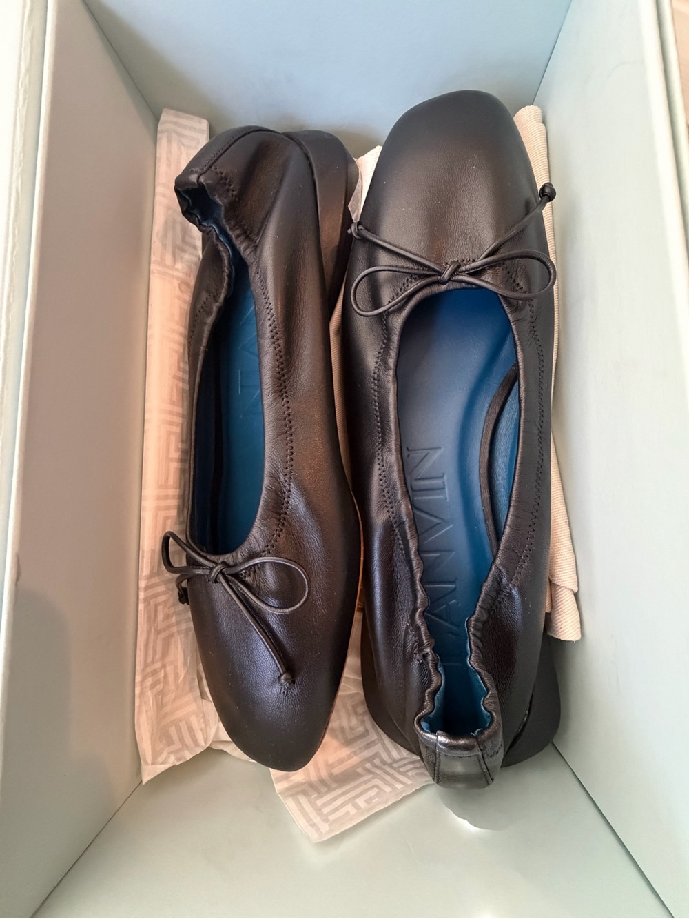 LANVIN Paris Black Leather Bumper Ballerina Flats Square Toe Size 38 - Picture 15 of 16